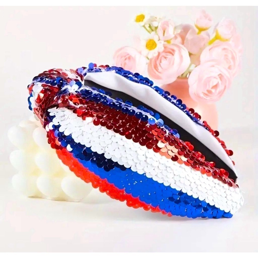 Sequin Red, White and Blue Striped Top Knot Headband